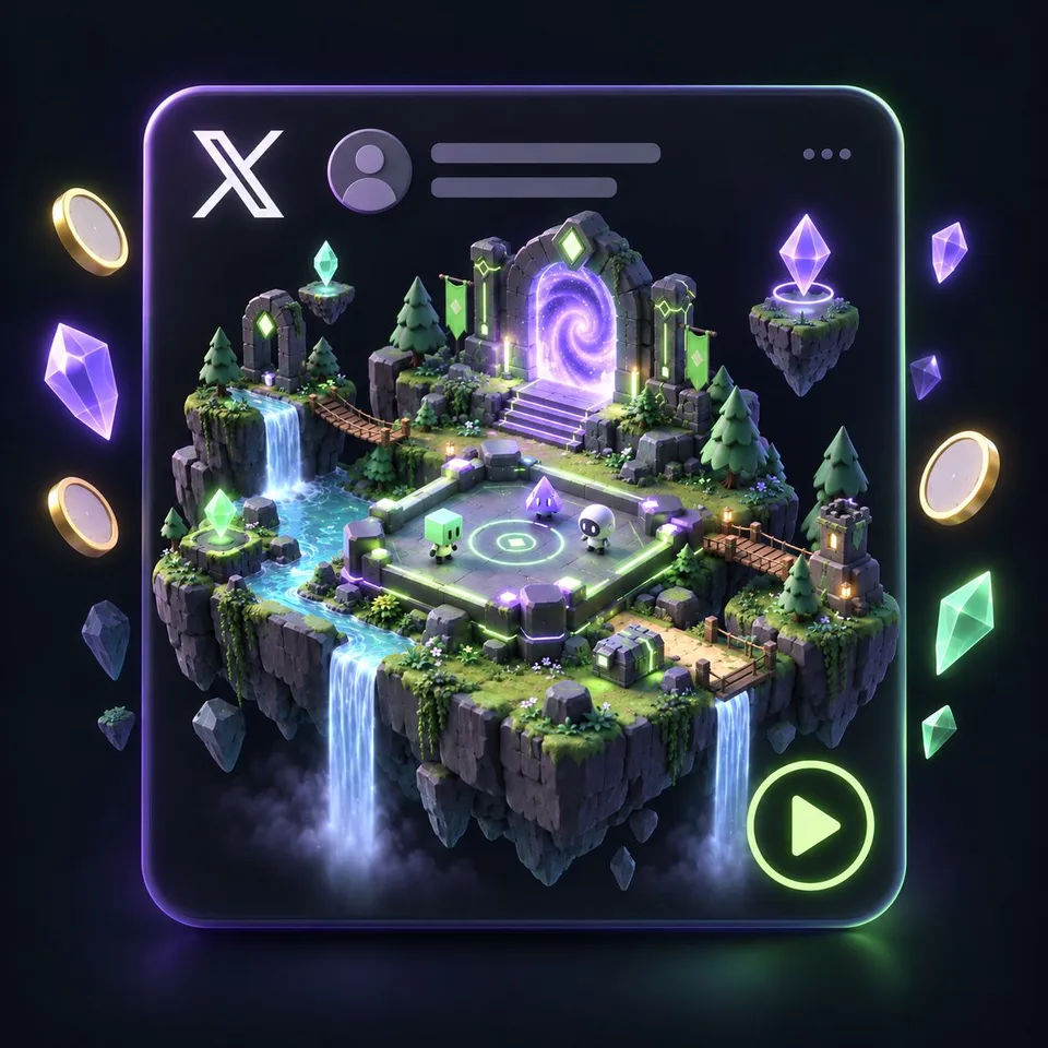 A floating game world with a portal and collectible crystals